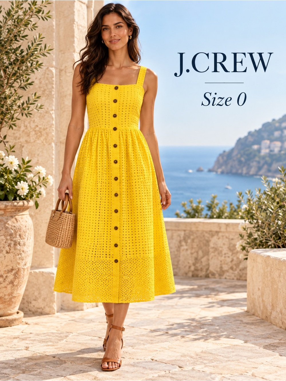 J.Crew Yellow Cotton Eyelet Button-Front Midi Dress Size 0